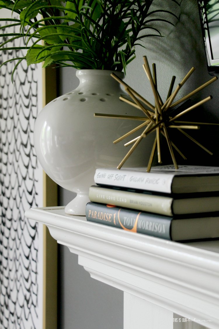 Summer home tour with simple neutral mantel decor for Summer - stacked books with gold orb - This is our Bliss