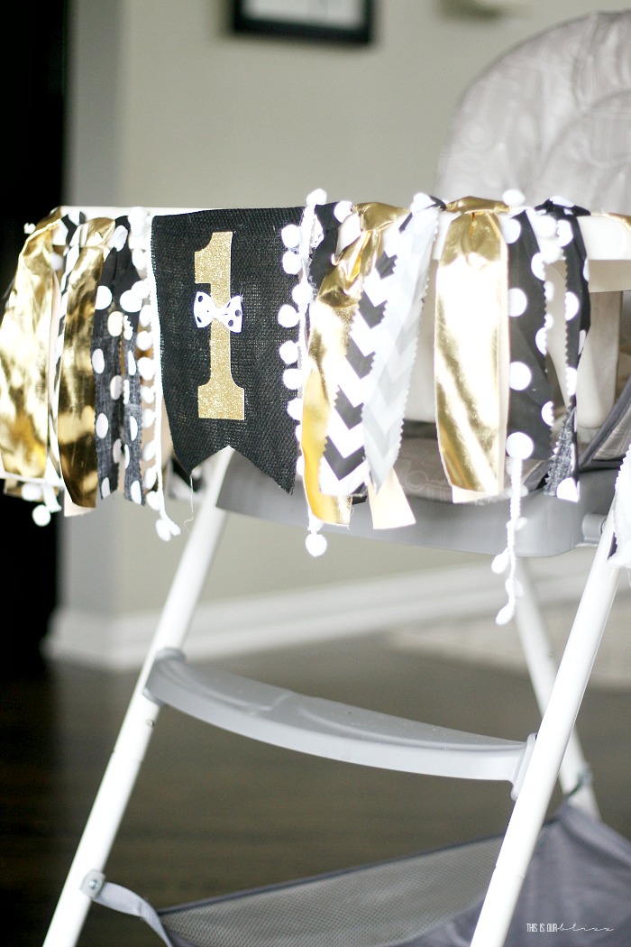 1st birthday high chair banner with black white and gold bowtie - baby boy 1st birthday chair banner - This is our Bliss