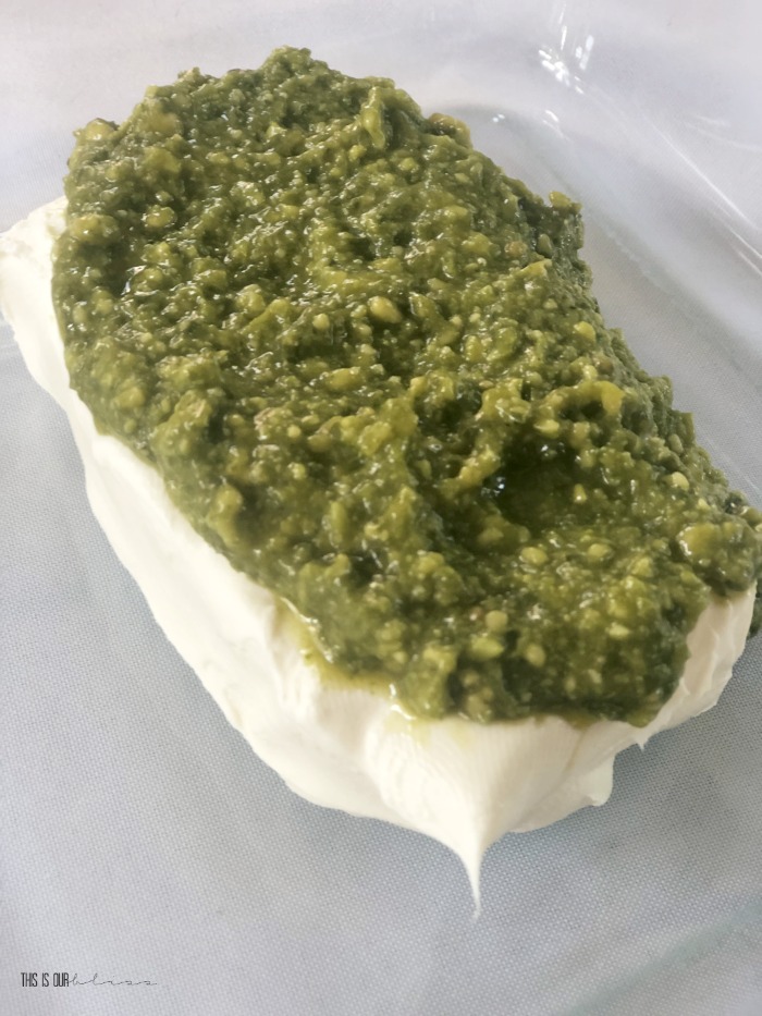 3 ingredient Bruschetta dip - with cream cheese basil pesto and tomatoes with seasoning - This is our Bliss