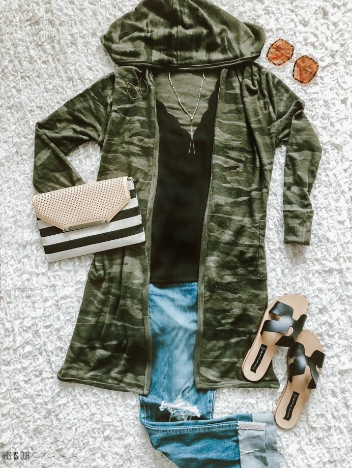 Camo cardigan sweater with pockets and hood with black cami and striped clutch - Casual Chic Style volume 6 - This is our Bliss