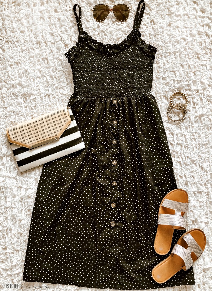 Cute black and white polka dot midi dress with buttons and striped clutch - Casual Chic Style volume 6 - This is our Bliss