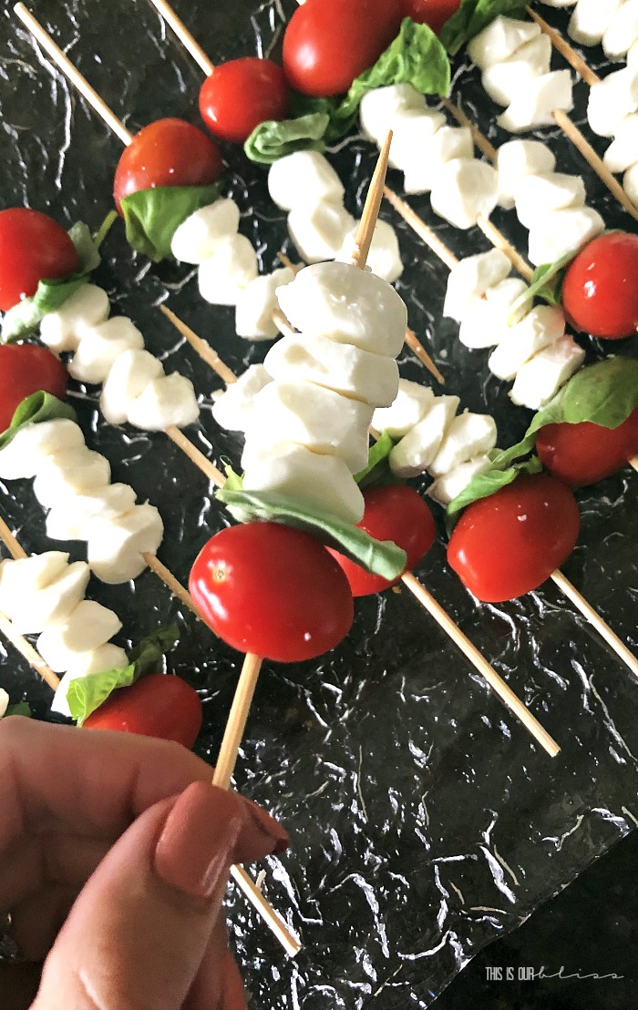 Mini Caprese Skewers - mini appetizers on a stick - easy finger food to serve at parties - This is our Bliss