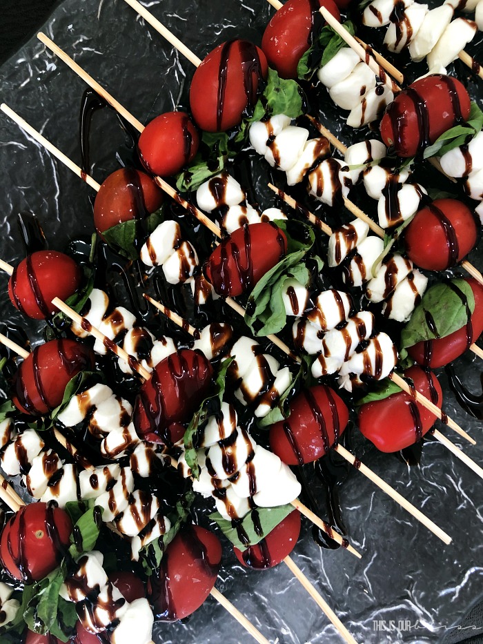 Mini Caprese skewer appetizers - tomato mozzarella and tomato skewers - This is our Bliss
