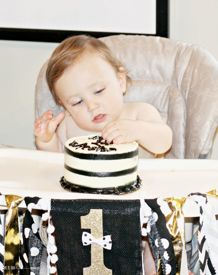 Mr. Onederful first birthday party - 1st birthday party celebration with black white and gold smash cake - This is our Bliss