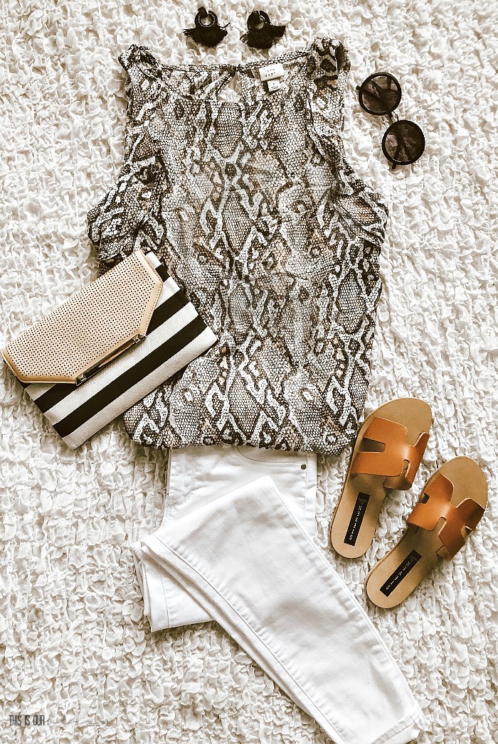 Snakeskin print tank top with ruffle sleeves and white jeans - Casual chic style volume 6 - This is our Bliss