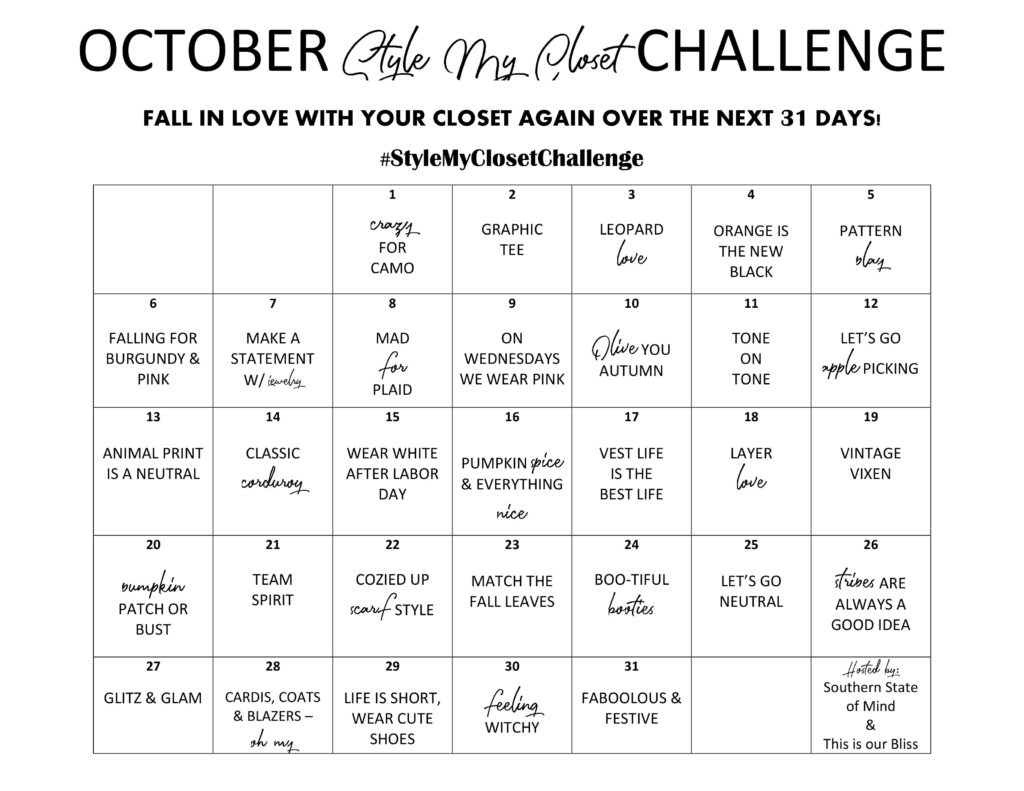 Style My Closet Challenge calendar view | 31 Days to Fall in Love with your Closet Again | This is our Bliss