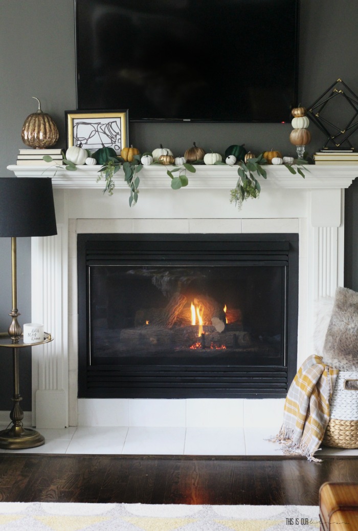 Cozy fireplace for Fall with neutral pumpkins on mantel - Fall mantel decorating ideas - This is our Bliss