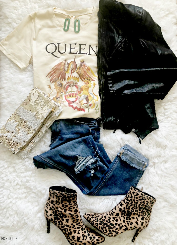Vintage Queen Graphic tee from Amazon with moto jacket and leopard heels - Casual Chic Style with This is our Bliss