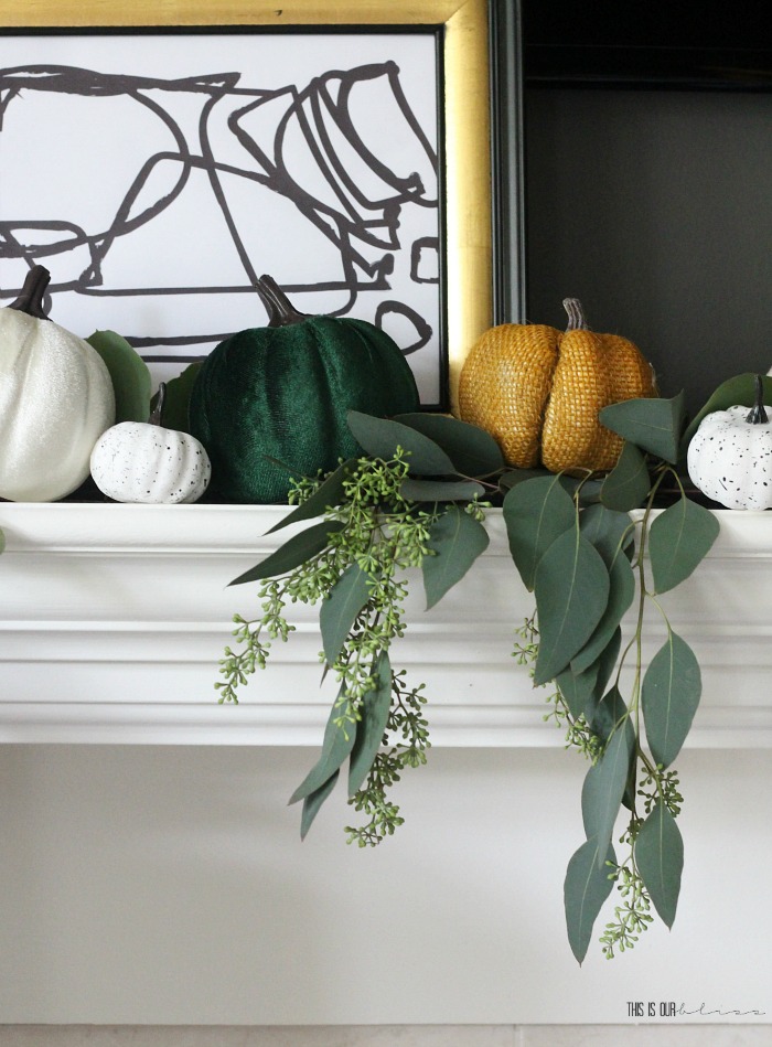 black and white abstract art on Fall mantel with pumpkins and greens - This is our Bliss