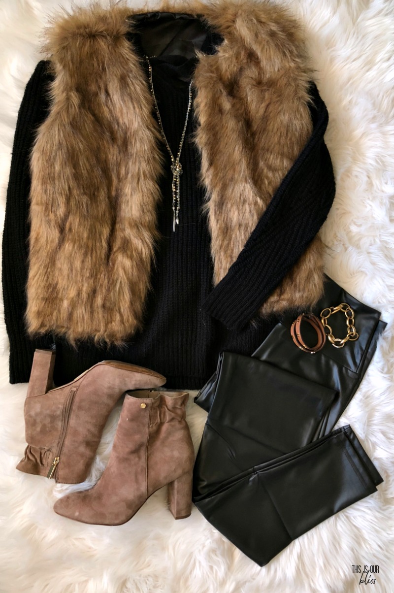 black faux leather leggings with black sweater and faux fur vest - Style My Closet Challenge - Fall style challenge - outfit ideas - This is our Bliss