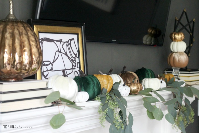 pumpkins and eucalyptus stems on fall mantel - Fall mantel decorating ideas - This is our Bliss