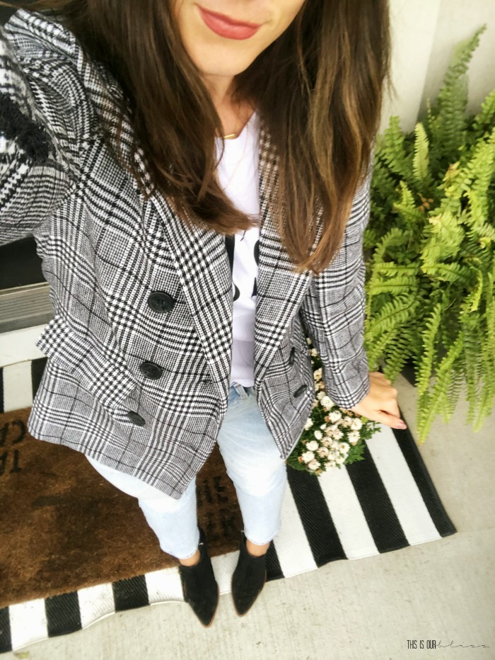 Feeling witchy with pointy toed boots - plaid blazer and graphic tee - Style My Closet Challenge - This is our Bliss