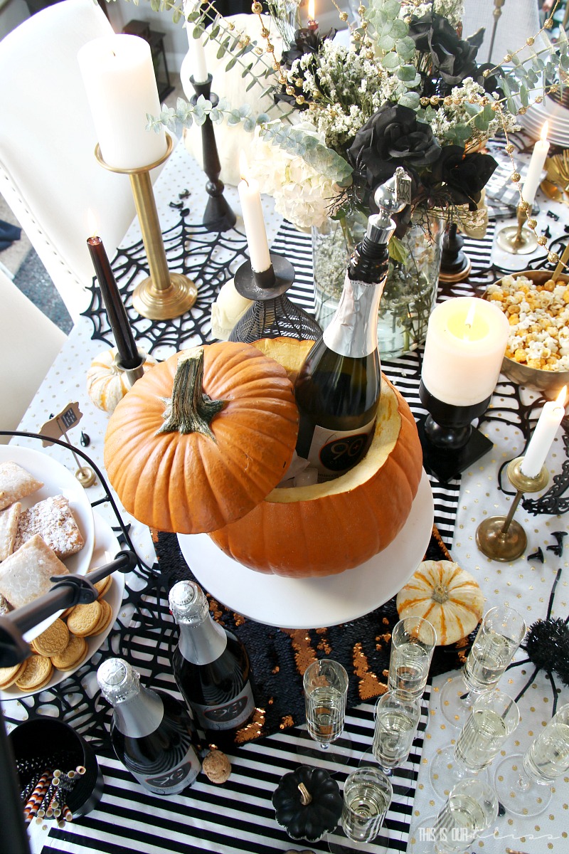 Darling Pumpkin wine chiller for your Halloween party - Easy DIY Halloween party decor -Halloween Tablescape Prosecco & Sweets - Girls' Night In - 90+ Cellars - This is our Bliss 2