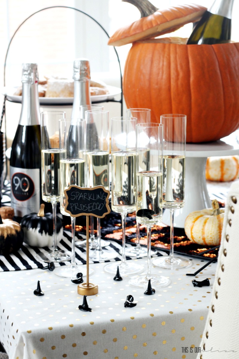 Easy Halloween Party decor Idea - Darling Pumpkin Ice Bucket -Halloween Tablescape Prosecco & Sweets - Girls' Night In - This is our Bliss 8