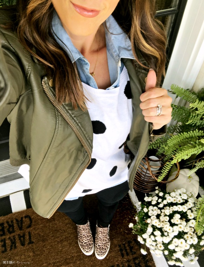 Layer Love - Polka dot sweater chambray shirt olive green leather jacket leopard wedge booties - Style My Closet Challenge - This is our Bliss