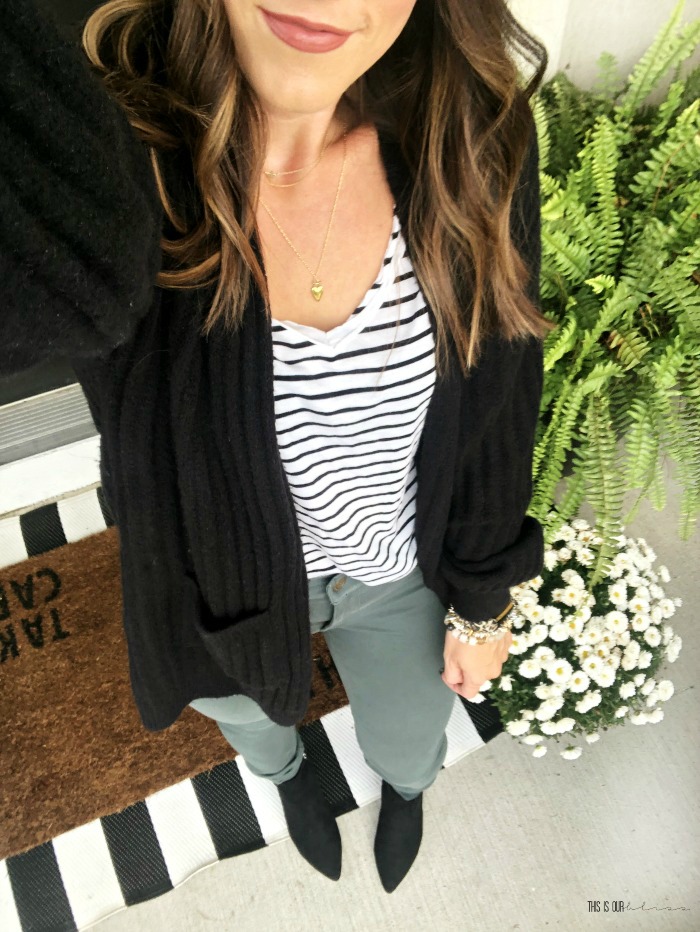 Olive pants striped top black cardigan - easy fall outfit ideas - Style My Closet Challenge for October - This is our Bliss