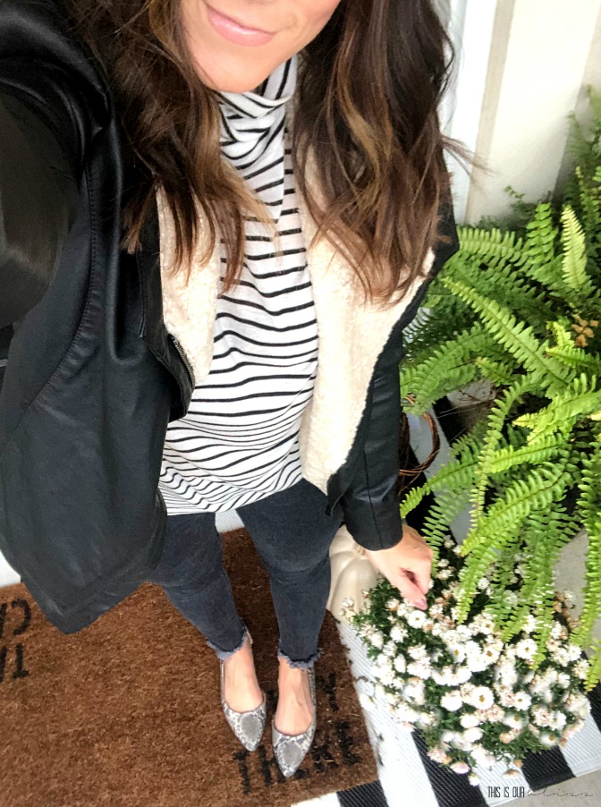 Stripes are always a good idea! Style My Closet challenge - striped turtleneck moto jacket snakeskin flats - This is our Bliss