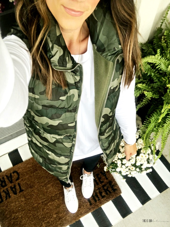 Vest life is the best life - Style My Closet challenge - camo puffer vest with white sneakers - This is our Bliss