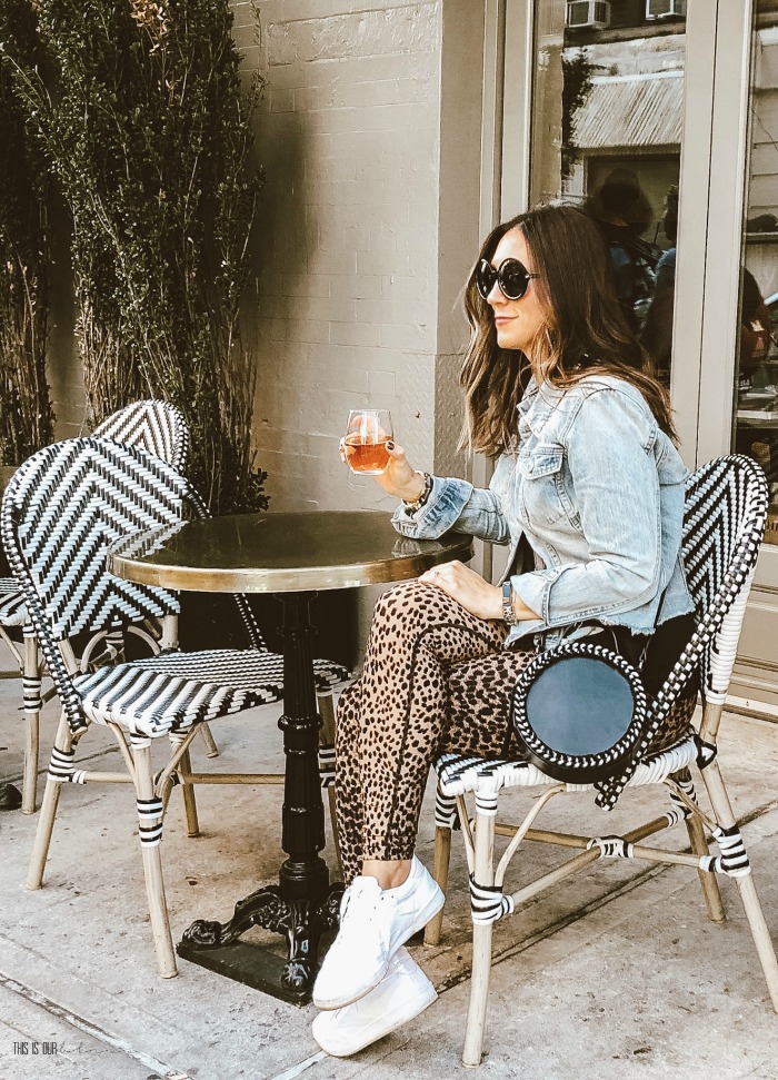 Weekend wine-down - Rose in NYC - leopard leggings sneakers and denim jacket - This is our Bliss