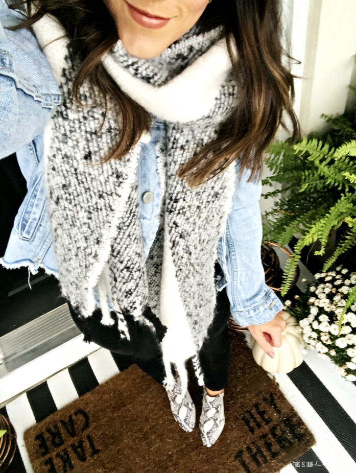 cozied up scarf style - day 22 of the Style my Closet Challenge - big blanket scarf snakeskin booties - This is our Bliss
