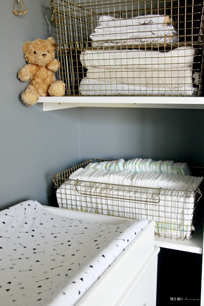 nursery closet storage and organization - gold wire baskets that stack for blankets and diapers - This is our Bliss