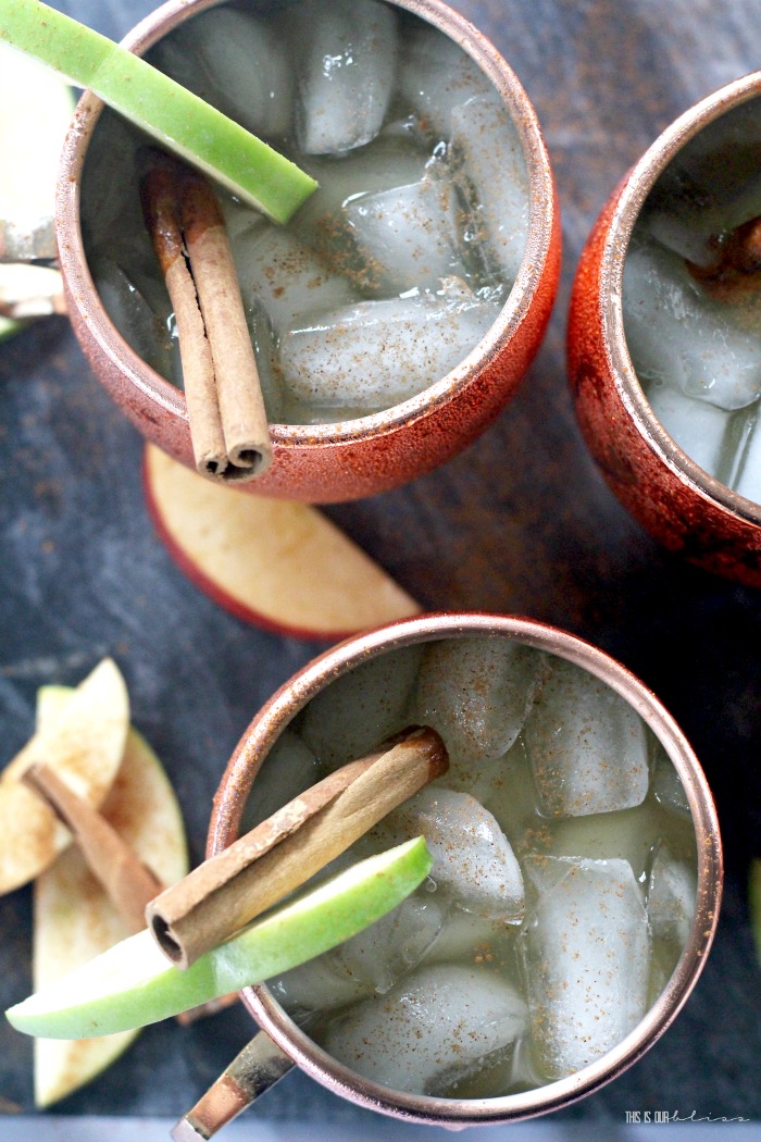 Apple Cider Moscow Mules in copper mugs - perfect fall cocktail for entertaining - This is our Bliss