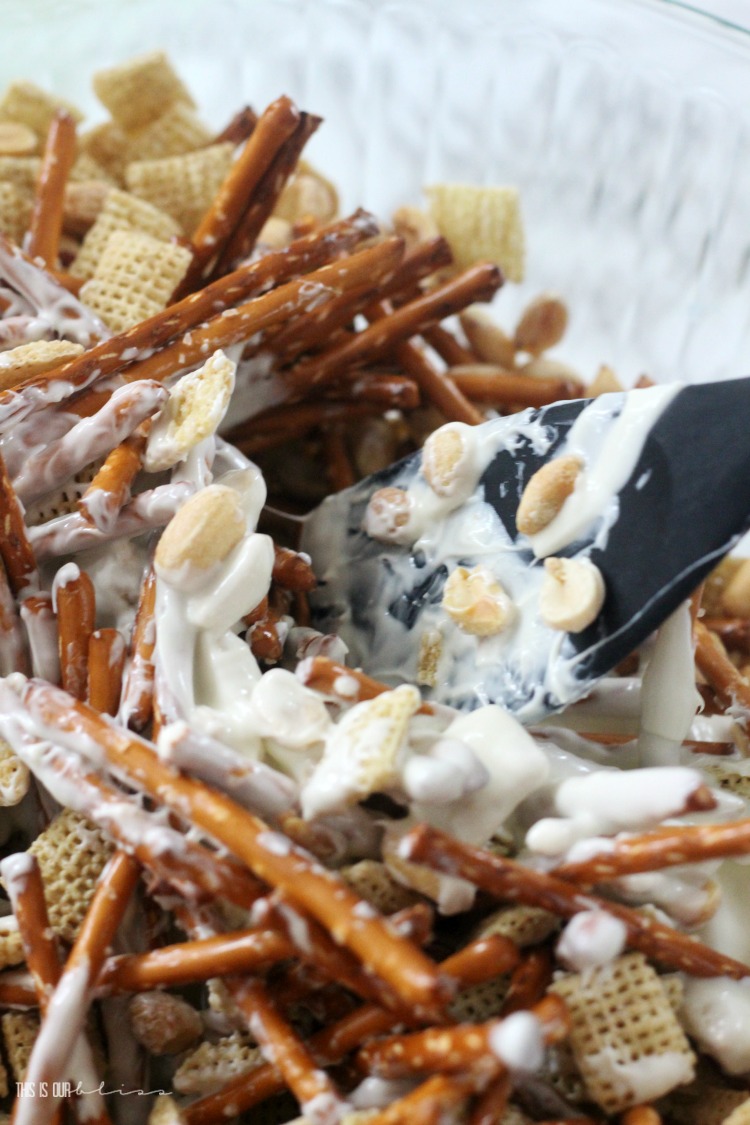 Easy Christmas Snack mix-recipe-rice-chex-pretzels-peanuts-with-vanilla-coating-This-is-our-Bliss