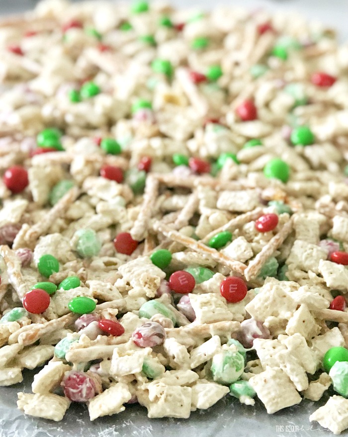 Easy Christmas snack mix perfect for the holidays - red and green M&M's - This is our Bliss