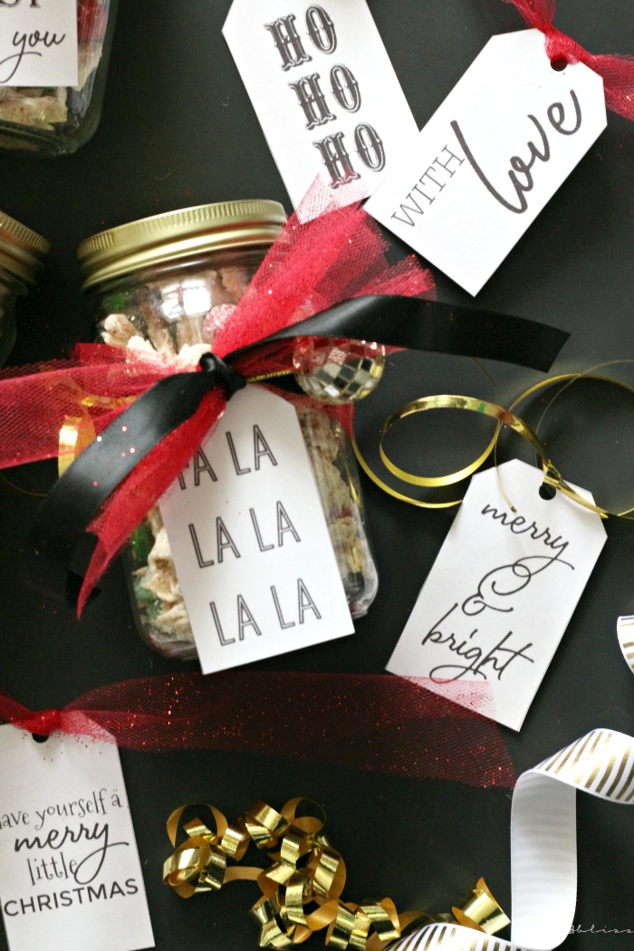 Holiday Gift tags on a dollar store Mason jar with Christmas snack mix - Holiday Hostess gift idea - This is our Bliss