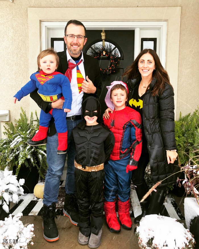 Super Family - porch picture with superhero halloween costumes - This is our Bliss