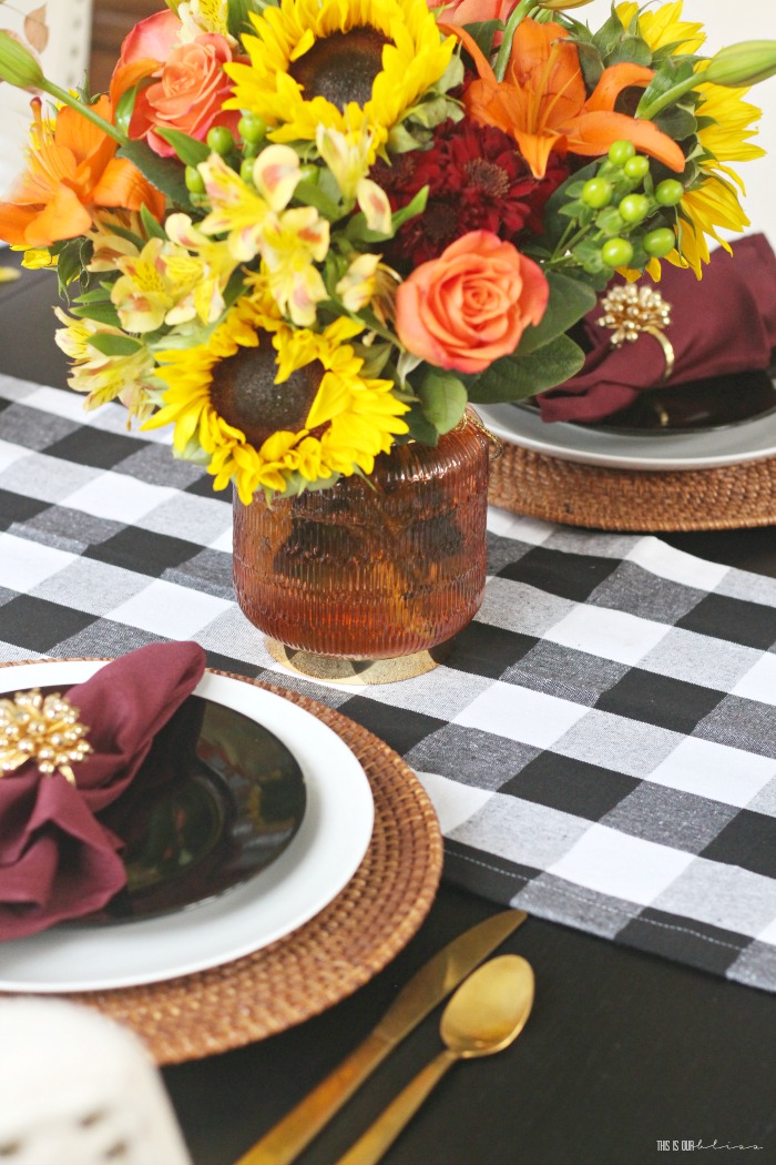 Thanksgiving tablescape ideas with buffalo plaid table runner - black and white fall tablescape - This is our Bliss