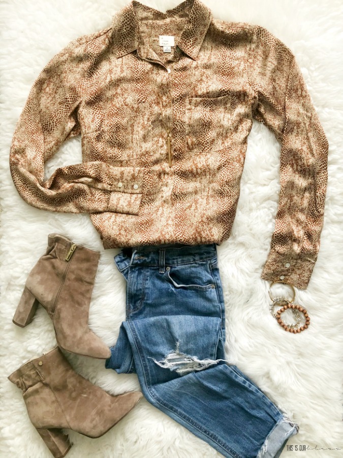 What to Wear for Thanksgiving - 3 Thanksgiving outfit ideas - Simple and stylish Thanksgiving outfit ideas - snake print blouse and jeans - This is our Bliss