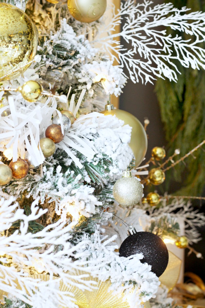 Flocked tree with gold metallic ornaments and a pop of black - Simple and elegant Christmas decor - This is our Bliss - Copy