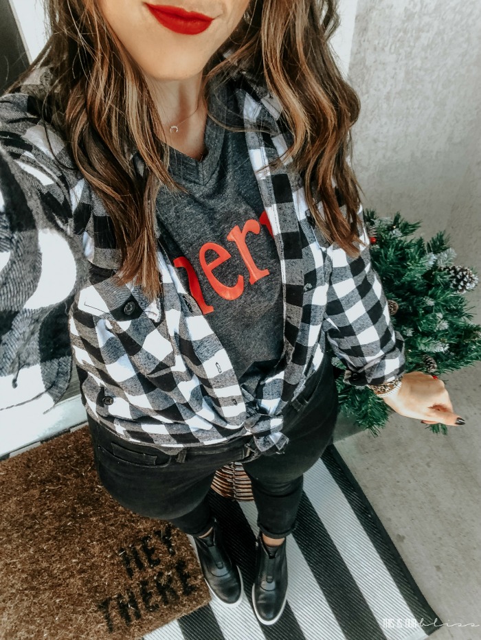 Merry graphic tee for the holidays - buffalo plaid shirt with graphic tee - how to wear a graphic tee for the holidays - This is our Bliss