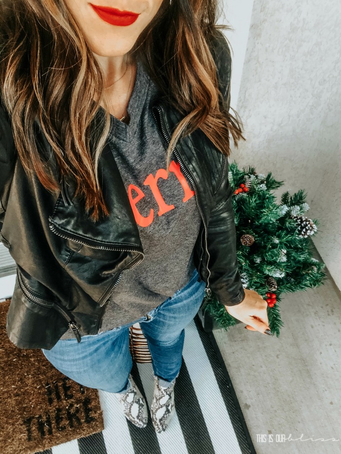Merry graphic tshirt for the holidays - leather jacket for Christmas - This is our Bliss