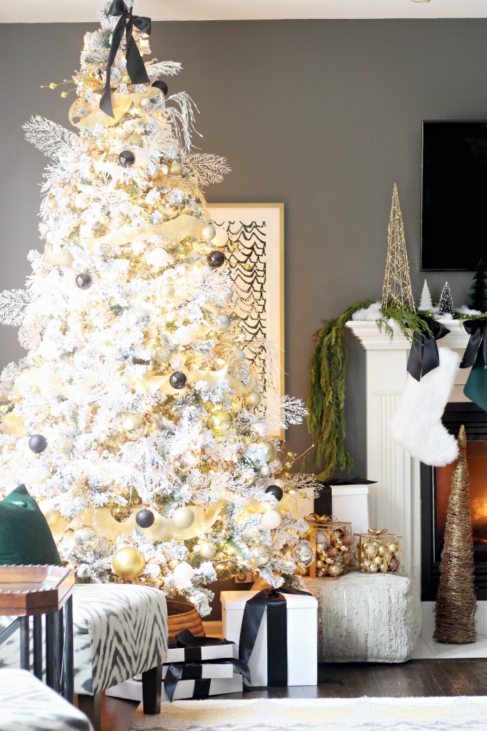 Elegant Flocked Christmas Tree with Velvet Ribbon and Metallic