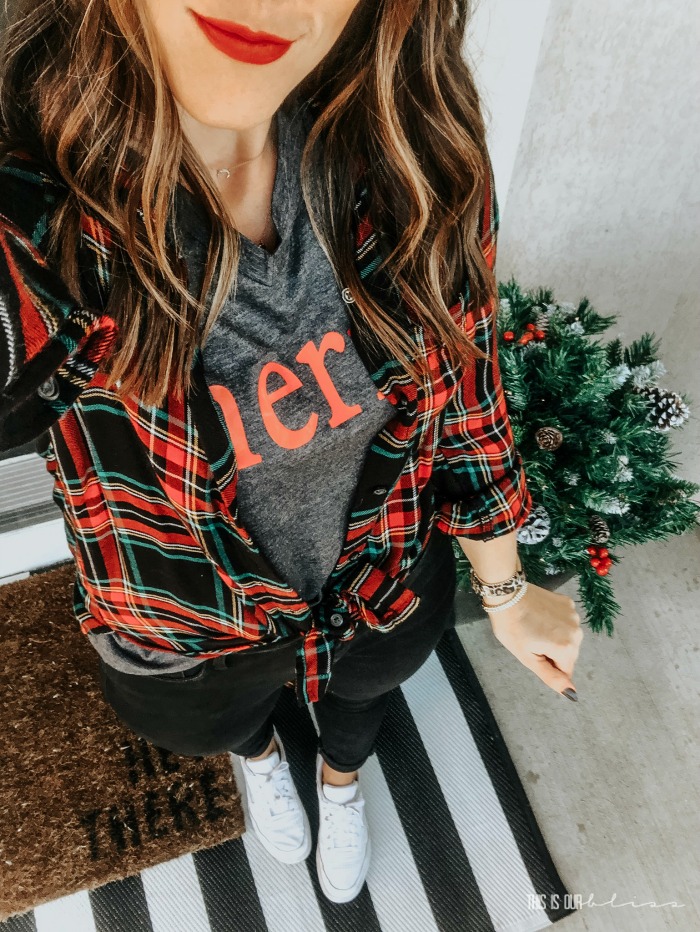 merry graphic tee with plaid shirt - black jeans and sneakers - casual holiday outfit - This is our Bliss