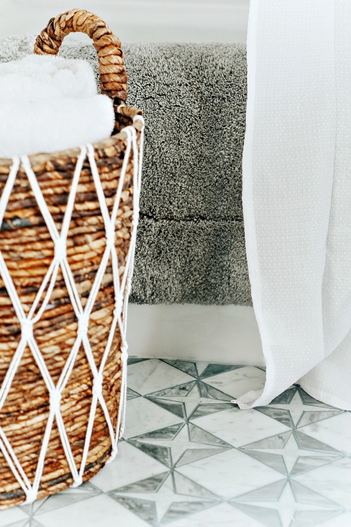 Basket of towels for boys bathroom - texture and warmth - Shared Boys Bathroom Remodel - This is our Bliss