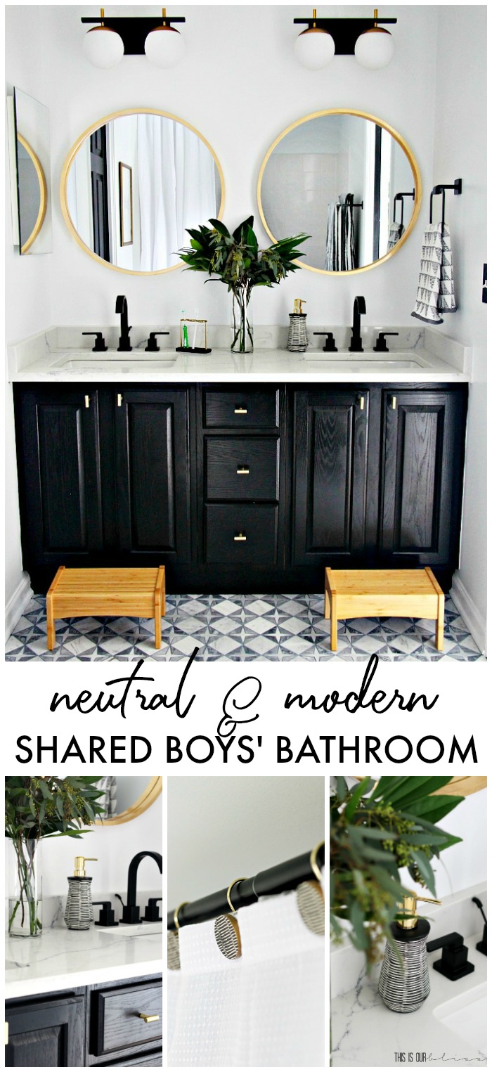 Neutral and modern shared boys' bathroom reveal - sophisticated touches in a kid bathroom - This is our Bliss