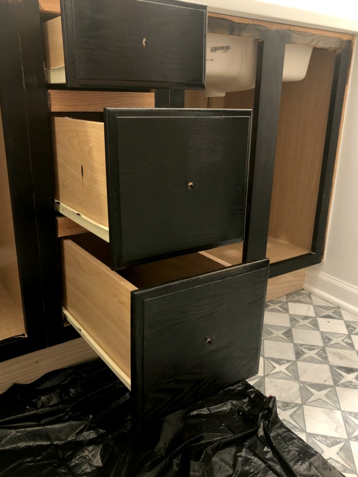 Black Painted Vanity In The Bathroom How To Get A High End Look With Paint And Hardware This Is Our Bliss - How To Paint Bathroom Vanity Black