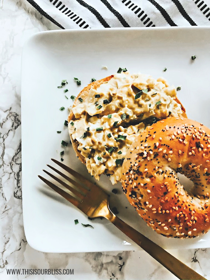 Enjoy egg salad on a toasted bagel - easy spring recipe idea - This is our Bliss