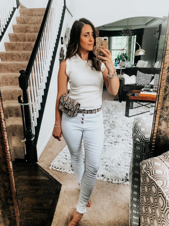 White on white monochromatic look with snakeskin print belt bag - The Friday Five