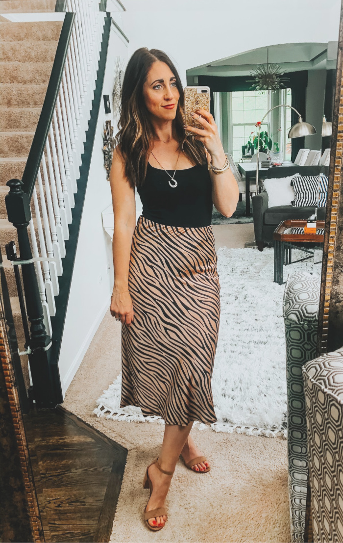 3 ways to wear a satin midi skirt - how to wear a satin midi skirt 3 ways - black body suit & tiger print skirt - This is our Bliss #midiskirt #casualshicstyle #tigerprint #satinmidiskirt #animalprint
