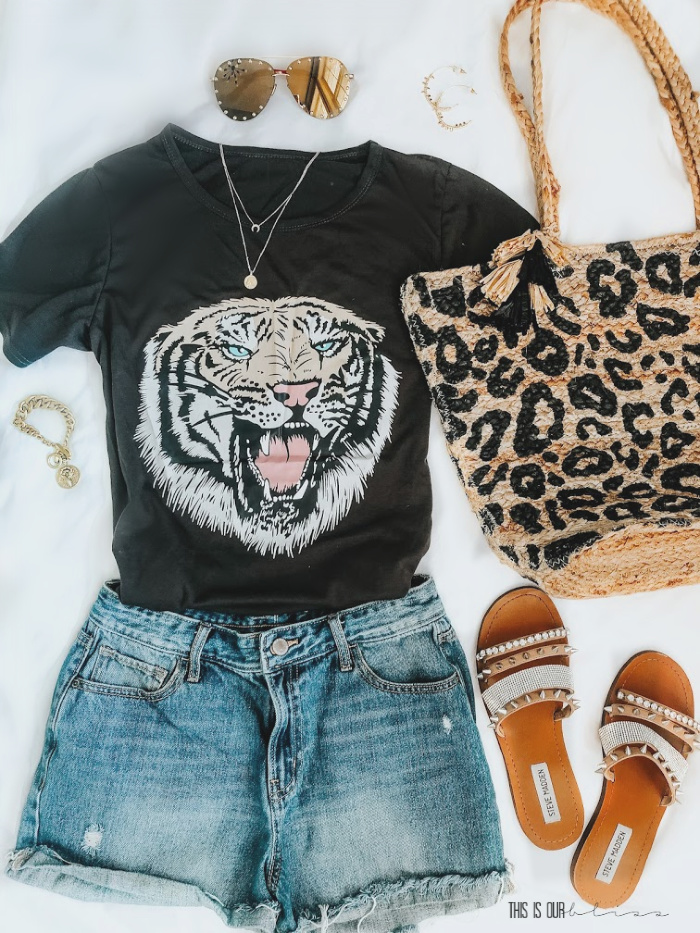 Easy Summer outfit idea - Graphic tee shirt - tiger t-shirt with jean shorts and leopard straw bag - This is our Bliss