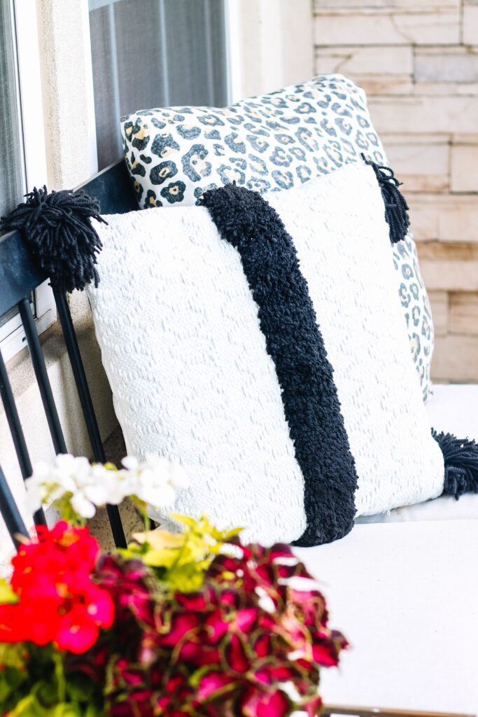 textured pillow ideas for porch bench - black and white outdoor pillow - Small porch decorating ideas - This is our Bliss