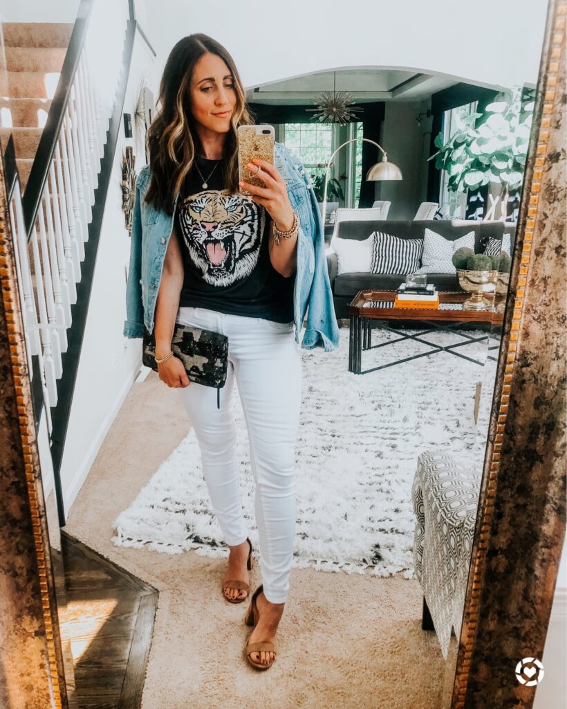 tiger tee and denim jacket nude heels - This is our Bliss
