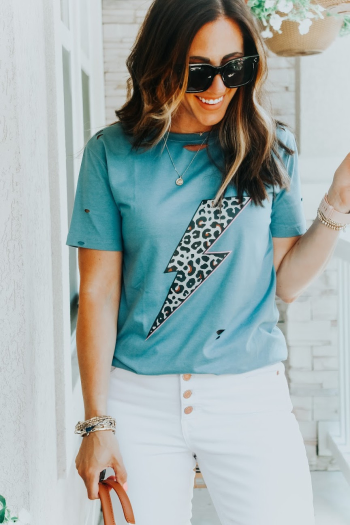 leopard lightning tee with distressing - distressed graphic tee - This is our Bliss