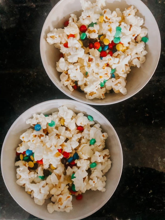 popcorn with mini m&m's for family movie night - family movie night snacks