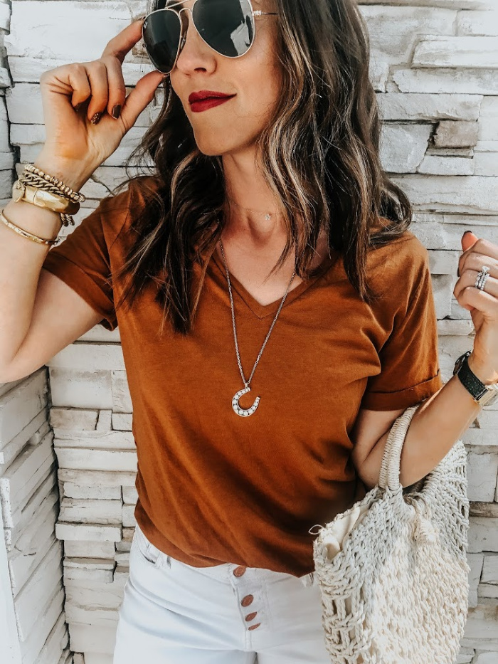 Lucky Pearl Pendant - stella & dot accessories - rust tee white jeans and aviator sunglasses - This is our Bliss