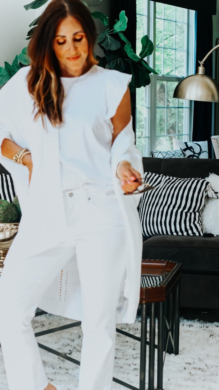 white cape cardigan white flutter top and white jeans Effortless all white outfit